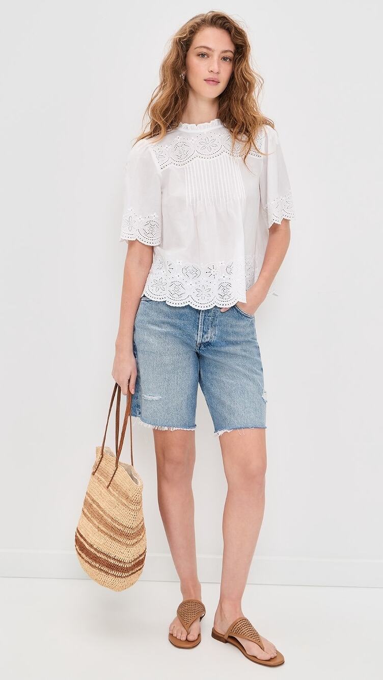 Madewell Embroidered Pintuck High Neck Top Blouse Eyelet White Size L NWT
